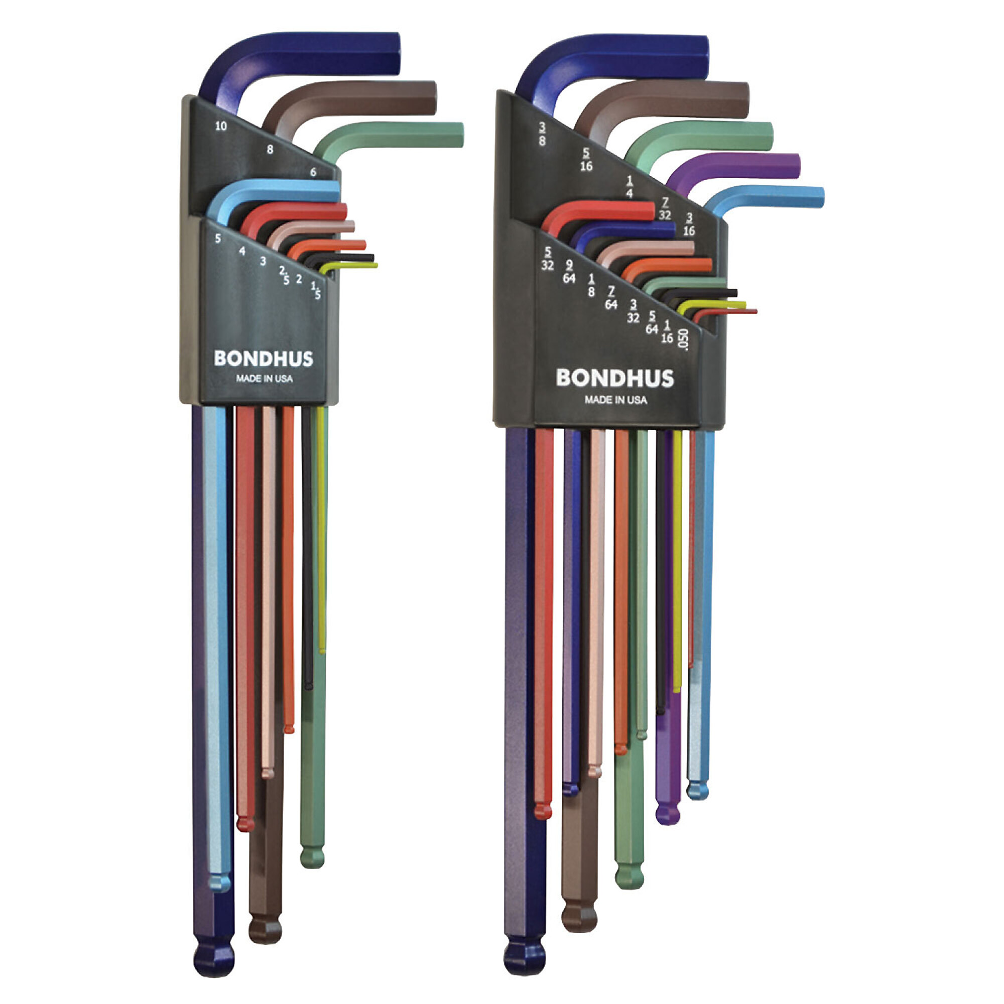 Bondhus Ball End Extra Long L-wrench Set of 22 with ColorGuard Finish, .050-3/8" and 1.5-10mm, Model 69600
